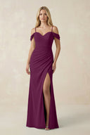Off - the - Shoulder Sheath Chiffon Ruched Bridesmaid Dress in Fig - SHE IS ME Bridesmaid Dresses