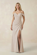 Off - the - Shoulder Sheath Chiffon Ruched Bridesmaid Dress in Frost - SHE IS ME Bridesmaid Dresses