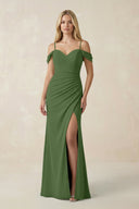 Off - the - Shoulder Sheath Chiffon Ruched Bridesmaid Dress in Moss - SHE IS ME Bridesmaid Dresses