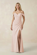 Off - the - Shoulder Sheath Chiffon Ruched Bridesmaid Dress in Pale Blush - SHE IS ME Bridesmaid Dresses