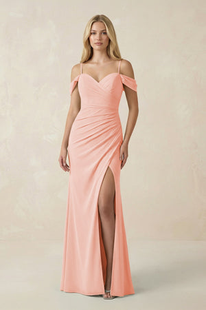 Off - the - Shoulder Sheath Chiffon Ruched Bridesmaid Dress in Rose Petal - SHE IS ME Bridesmaid Dresses