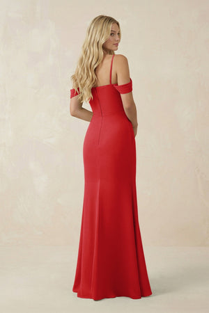 Off - the - Shoulder Sheath Chiffon Ruched Bridesmaid Dress in Ruby Red - SHE IS ME Bridesmaid Dresses