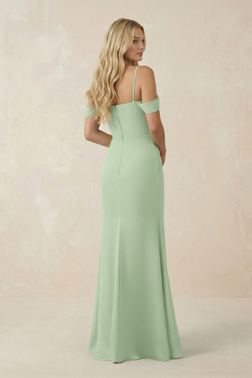 Off - the - Shoulder Sheath Chiffon Ruched Bridesmaid Dress in Sage - SHE IS ME Bridesmaid Dresses