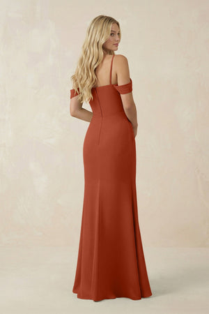 Off - the - Shoulder Sheath Chiffon Ruched Bridesmaid Dress in Spice - SHE IS ME Bridesmaid Dresses