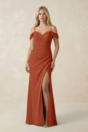 Off - the - Shoulder Sheath Chiffon Ruched Bridesmaid Dress in Spice - SHE IS ME Bridesmaid Dresses