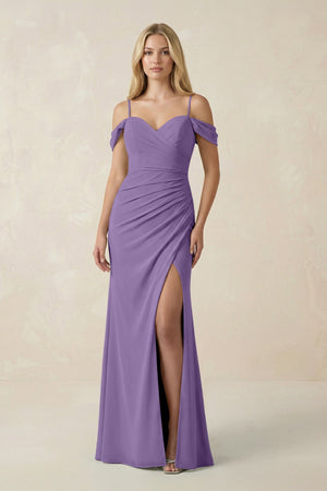 Off - the - Shoulder Sheath Chiffon Ruched Bridesmaid Dress in Tahiti - SHE IS ME Bridesmaid Dresses