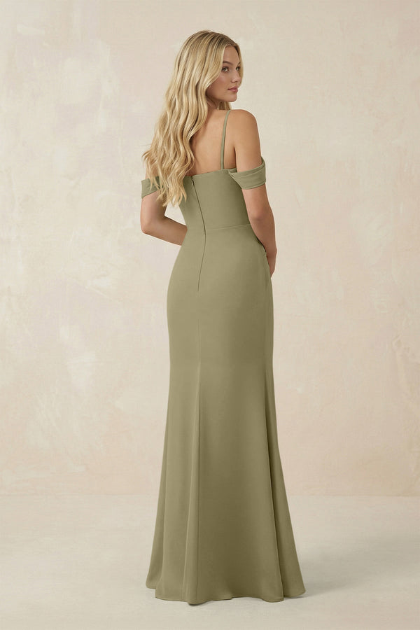 Off - the - Shoulder Sheath Chiffon Ruched Bridesmaid Dress in Thyme - SHE IS ME Bridesmaid Dresses