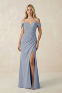 Off - the - Shoulder Sheath Chiffon Ruched Bridesmaid Dress in Twilight - SHE IS ME Bridesmaid Dresses