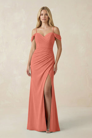 Off - the - Shoulder Sheath Chiffon Ruched Bridesmaid Dress in Wild Rose - SHE IS ME Bridesmaid Dresses