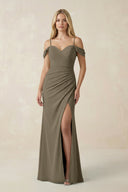 Off - the - Shoulder Sheath Chiffon Ruched Bridesmaid Dress in Willow Green - SHE IS ME Bridesmaid Dresses