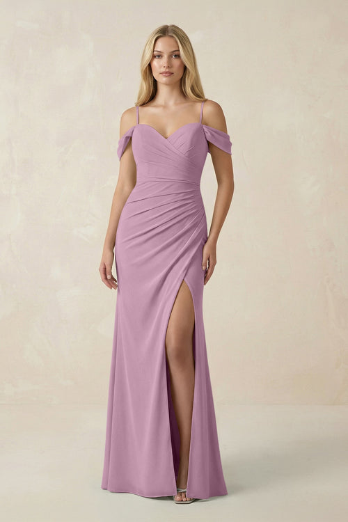 Off - the - Shoulder Sheath Chiffon Ruched Bridesmaid Dress in Wisteria - SHE IS ME Bridesmaid Dresses