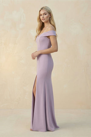 Off - the - Shoulder Sheath Matte Satin Bridesmaid Dress in Lavender Grey - SHE IS ME Bridesmaid Dresses