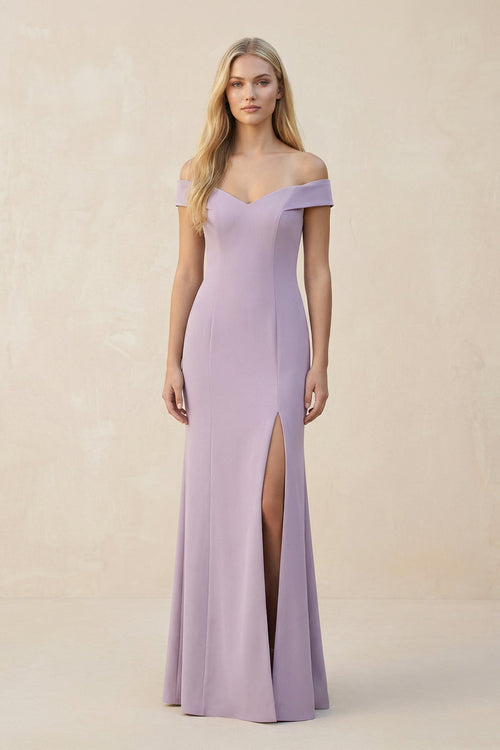 Off - the - Shoulder Sheath Matte Satin Bridesmaid Dress in Lavender Grey - SHE IS ME Bridesmaid Dresses
