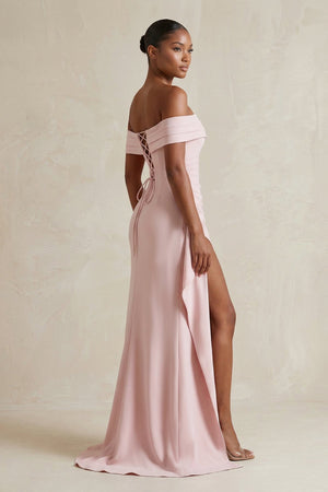 Off - the - Shoulder Sheath Ruched Long Prom Dress With Slit in Pink - SHE IS ME Prom Dresses