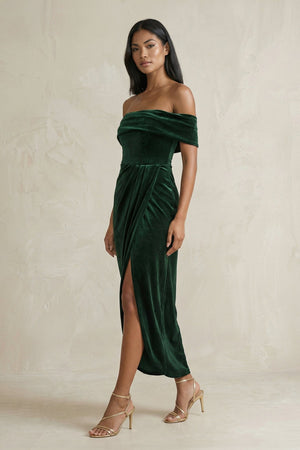Off - the - Shoulder Sheath Velvet Midi Bridesmaid Dress in Dark Green - SHE IS ME Bridesmaid Dresses