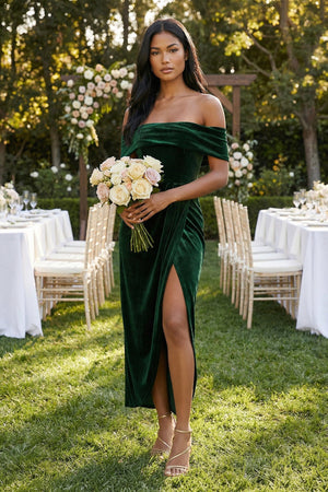 Off - the - Shoulder Sheath Velvet Midi Bridesmaid Dress in Dark Green - SHE IS ME Bridesmaid Dresses