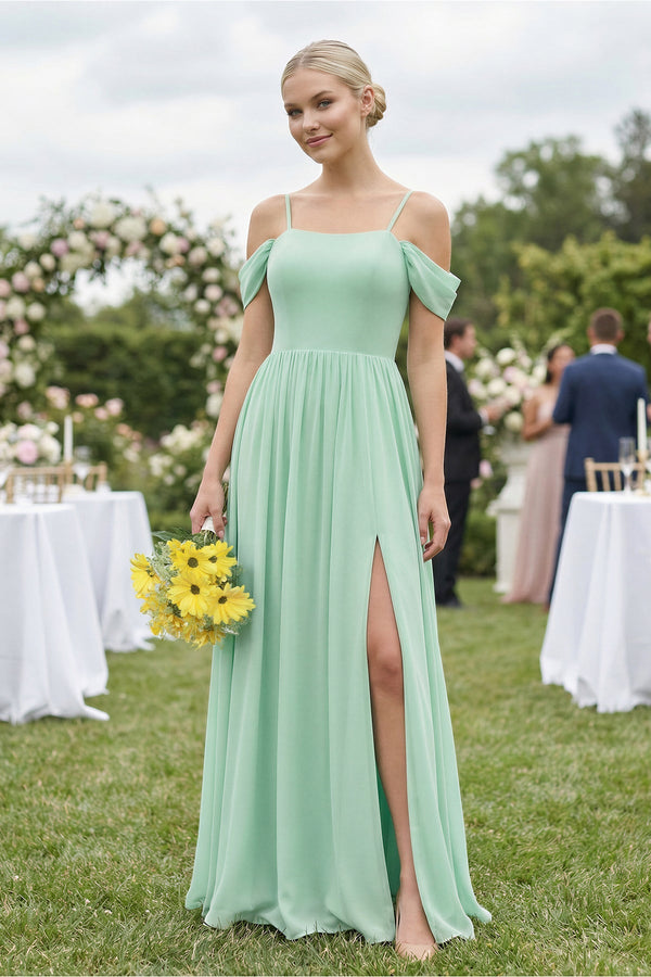 Off-the-Shoulder Sweetheart A-Line Chiffon Bridesmaid Dress in Pale Pistachio - SHE IS ME BRIDESMAID DRESSES