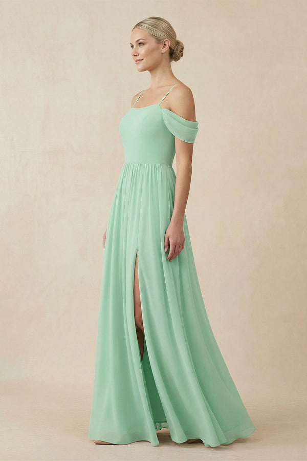 Off-the-Shoulder Sweetheart A-Line Chiffon Bridesmaid Dress in Pale Pistachio - SHE IS ME BRIDESMAID DRESSES