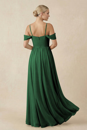 Off - the - Shoulder Sweetheart A - Line Chiffon Bridesmaid Dress in Dark Green - SHE IS ME Bridesmaid Dresses