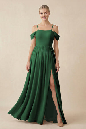 Off - the - Shoulder Sweetheart A - Line Chiffon Bridesmaid Dress in Dark Green - SHE IS ME Bridesmaid Dresses