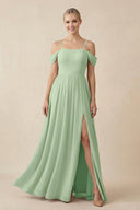 Off - the - Shoulder Sweetheart A - Line Chiffon Bridesmaid Dress in Sage - SHE IS ME Bridesmaid Dresses