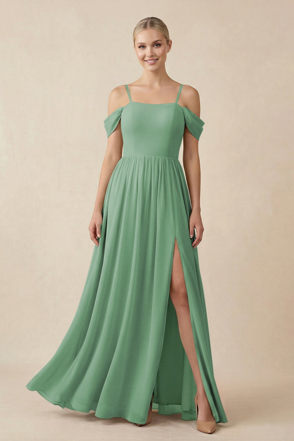 Off - the - Shoulder Sweetheart A - Line Chiffon Bridesmaid Dress in Sea Glass - SHE IS ME Bridesmaid Dresses