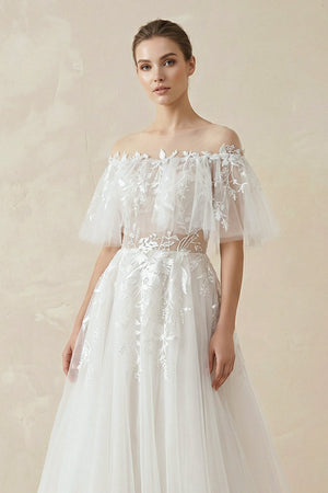 Off - the - Shoulder Tulle A - Line Wedding Dress with Appliqué - SHE IS ME Wedding Dresses
