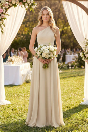 One - Shoulder A - Line Chiffon Bridesmaid Dress in Champagne - SHE IS ME Bridesmaid Dresses