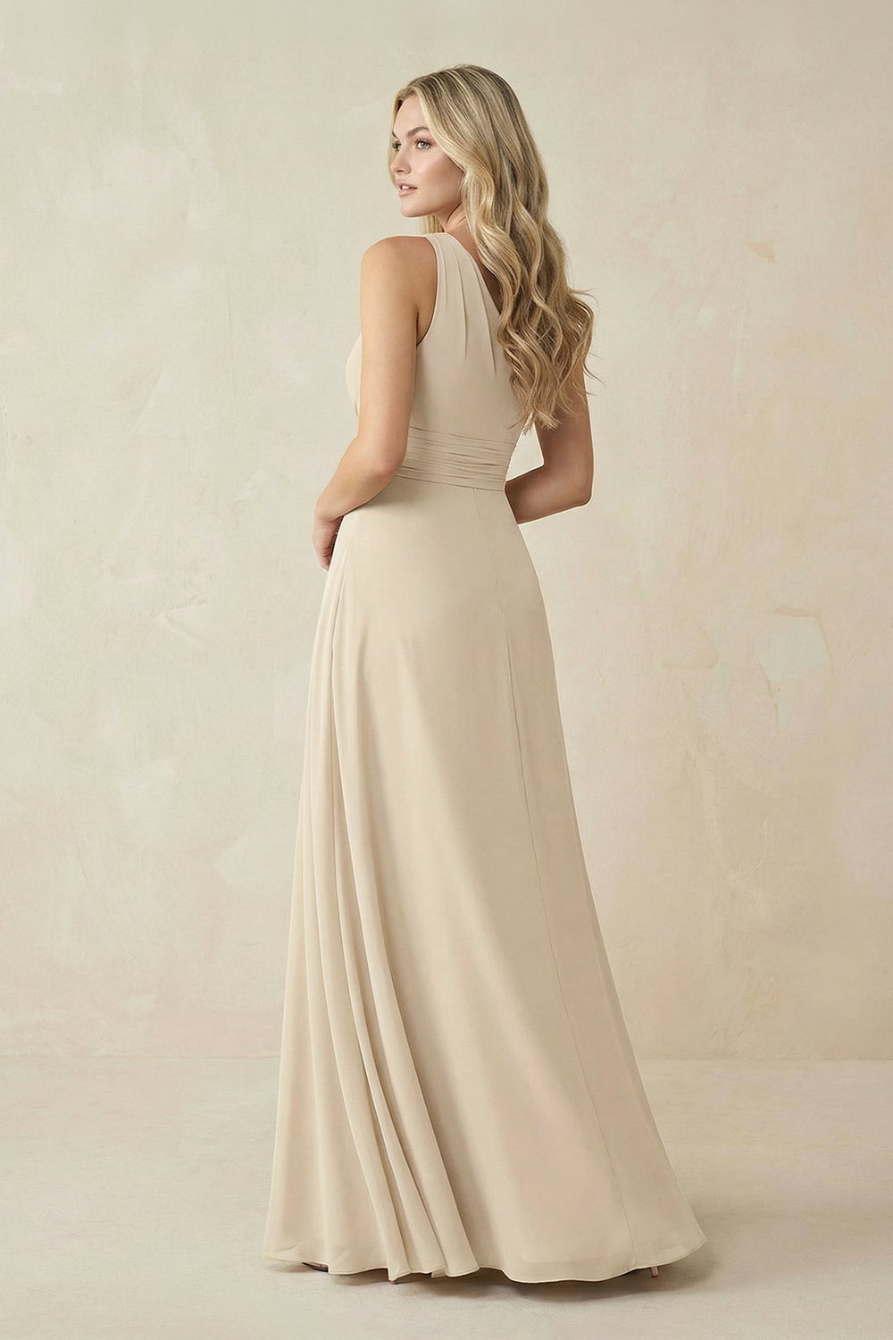 One - Shoulder A - Line Chiffon Bridesmaid Dress in Champagne - SHE IS ME Bridesmaid Dresses