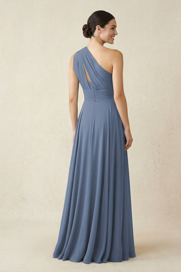 One - Shoulder A - Line Pleated Chiffon Bridesmaid Dress in Neptune - SHE IS ME Bridesmaid Dresses