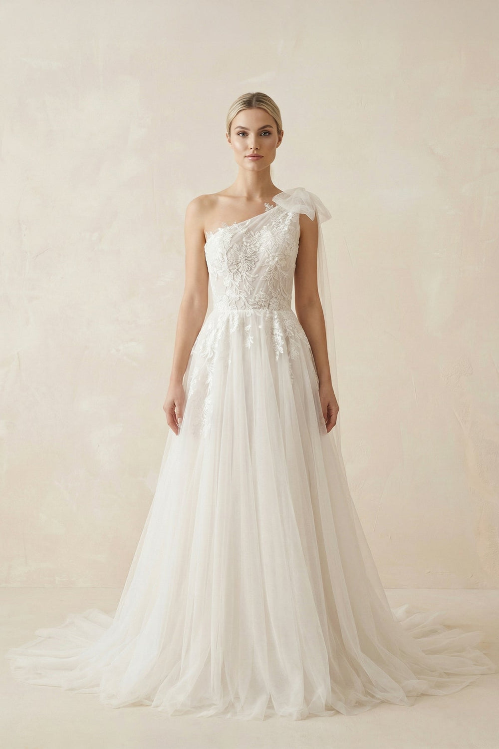 One Shoulder A Line Tulle Wedding Dress With Appliques in Ivory - SHE IS ME Wedding Dresses