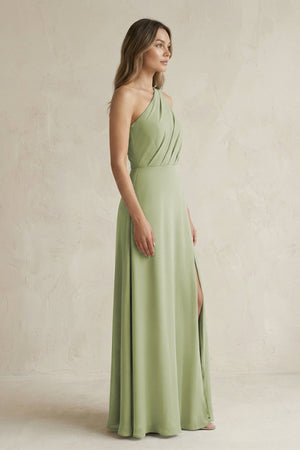 One-Shoulder Chiffon A-Line Bridesmaid Dress With Slit in Moss Green - SHE IS ME BRIDESMAID DRESSES