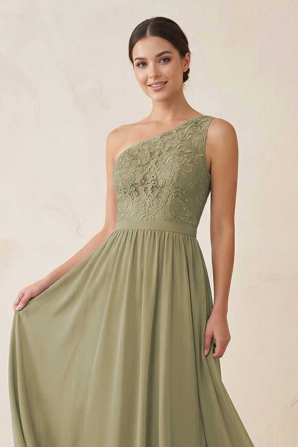 One - Shoulder Lace Chiffon A - Line Bridesmaid Dress - SHE IS ME Bridesmaid Dresses