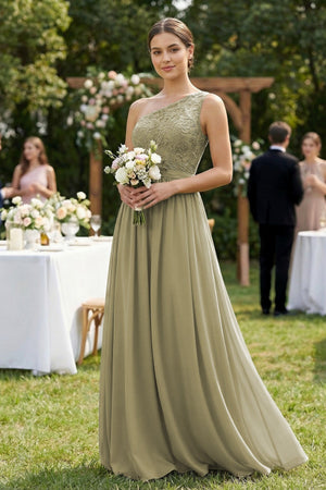 One - Shoulder Lace Chiffon A - Line Bridesmaid Dress - SHE IS ME Bridesmaid Dresses
