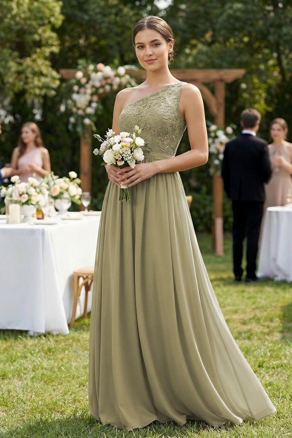 One - Shoulder Lace Chiffon A - Line Bridesmaid Dress - SHE IS ME Bridesmaid Dresses
