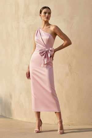 One Shoulder Midi Dress With Bow in Pink - SHE IS ME