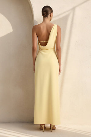 One Shoulder Midi Dress with Slit in Yellow - SHE IS ME