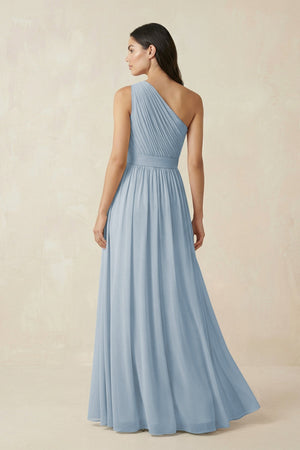 One - Shoulder Pleated Chiffon Bridesmaid Gown in Dusty Blue - SHE IS ME Bridesmaid Dresses
