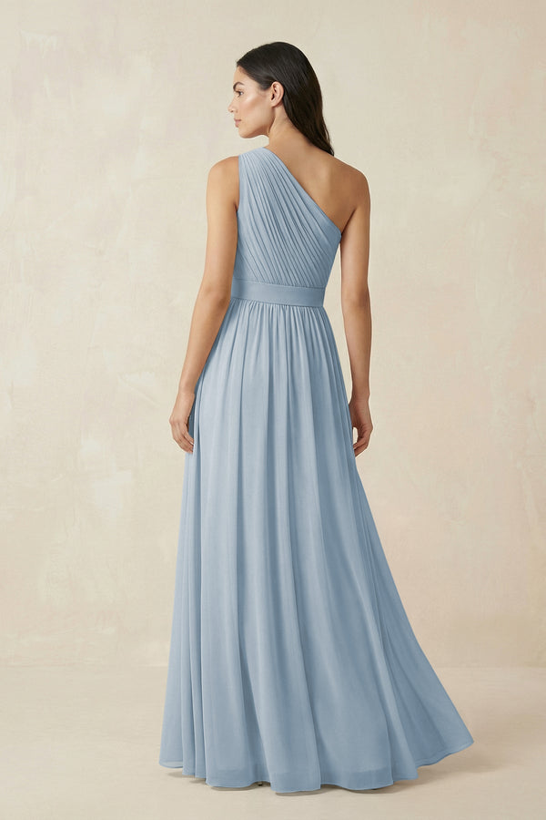 One - Shoulder Pleated Chiffon Bridesmaid Gown in Dusty Blue - SHE IS ME Bridesmaid Dresses