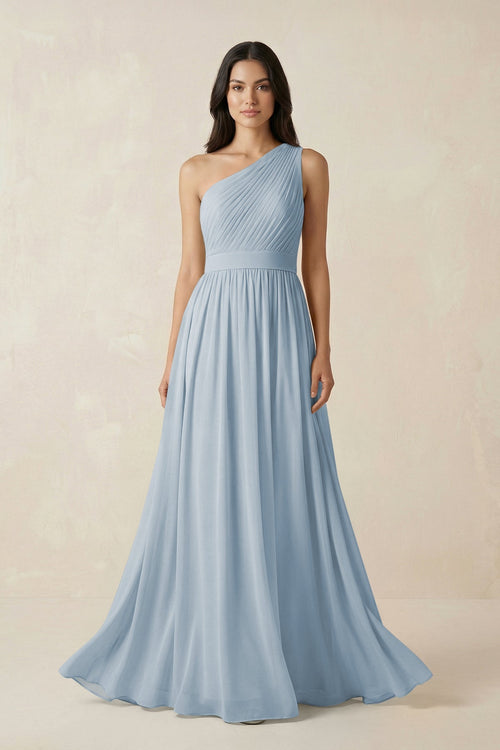 One - Shoulder Pleated Chiffon Bridesmaid Gown in Dusty Blue - SHE IS ME Bridesmaid Dresses