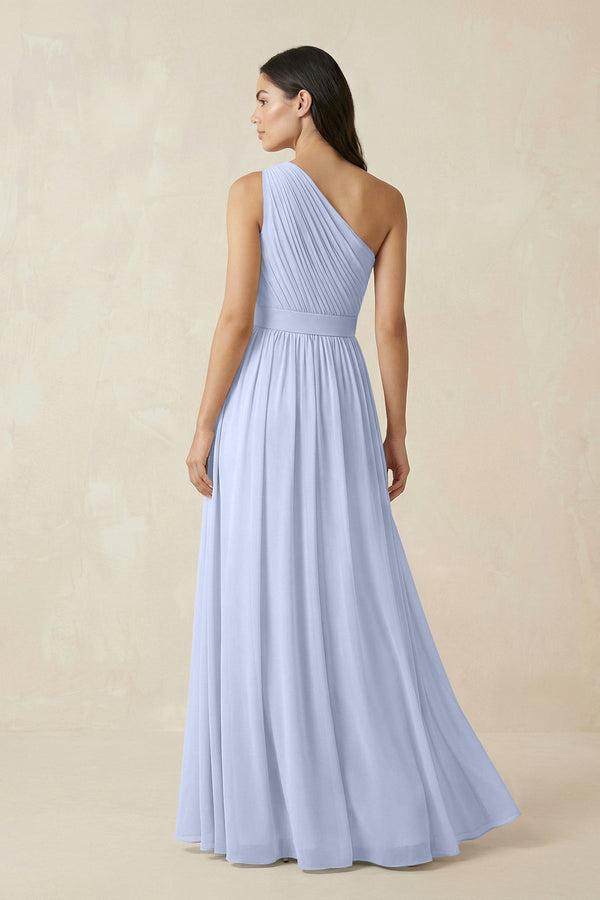 One - Shoulder Pleated Chiffon Bridesmaid Gown in Ice - SHE IS ME Bridesmaid Dresses