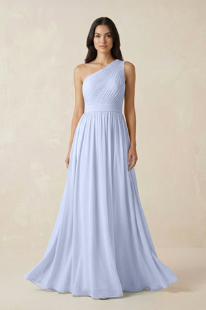 One - Shoulder Pleated Chiffon Bridesmaid Gown in Ice - SHE IS ME Bridesmaid Dresses