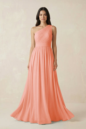 One - Shoulder Pleated Chiffon Bridesmaid Gown in Rosette - SHE IS ME Bridesmaid Dresses