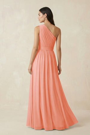 One - Shoulder Pleated Chiffon Bridesmaid Gown in Rosette - SHE IS ME Bridesmaid Dresses