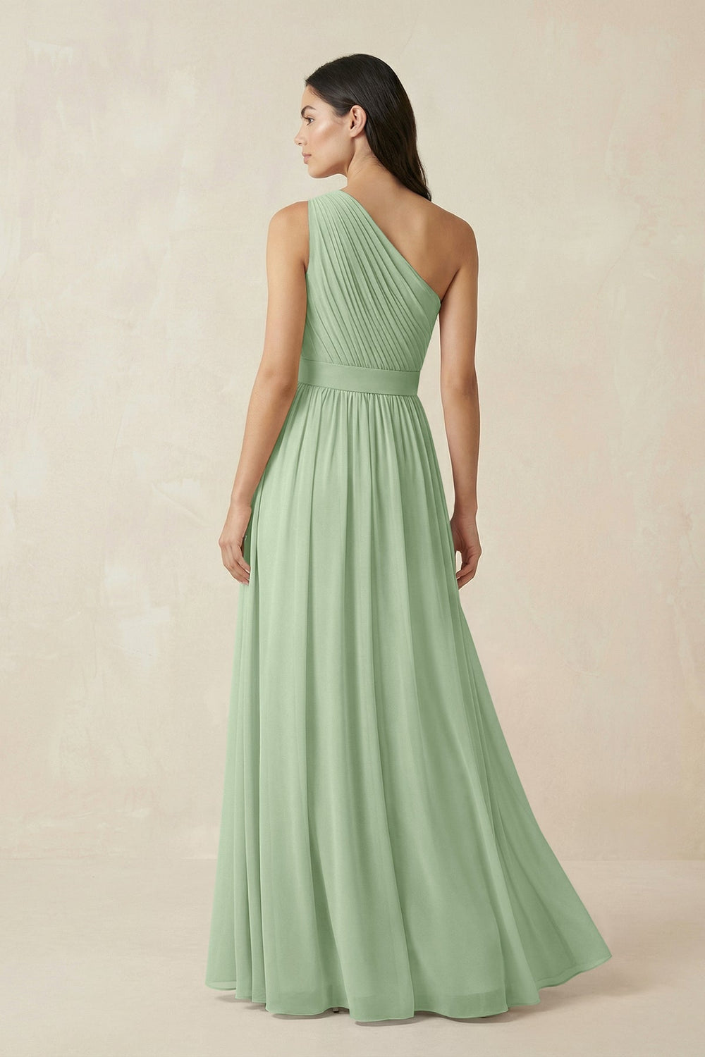 One - Shoulder Pleated Chiffon Bridesmaid Gown in Sage - SHE IS ME Bridesmaid Dresses