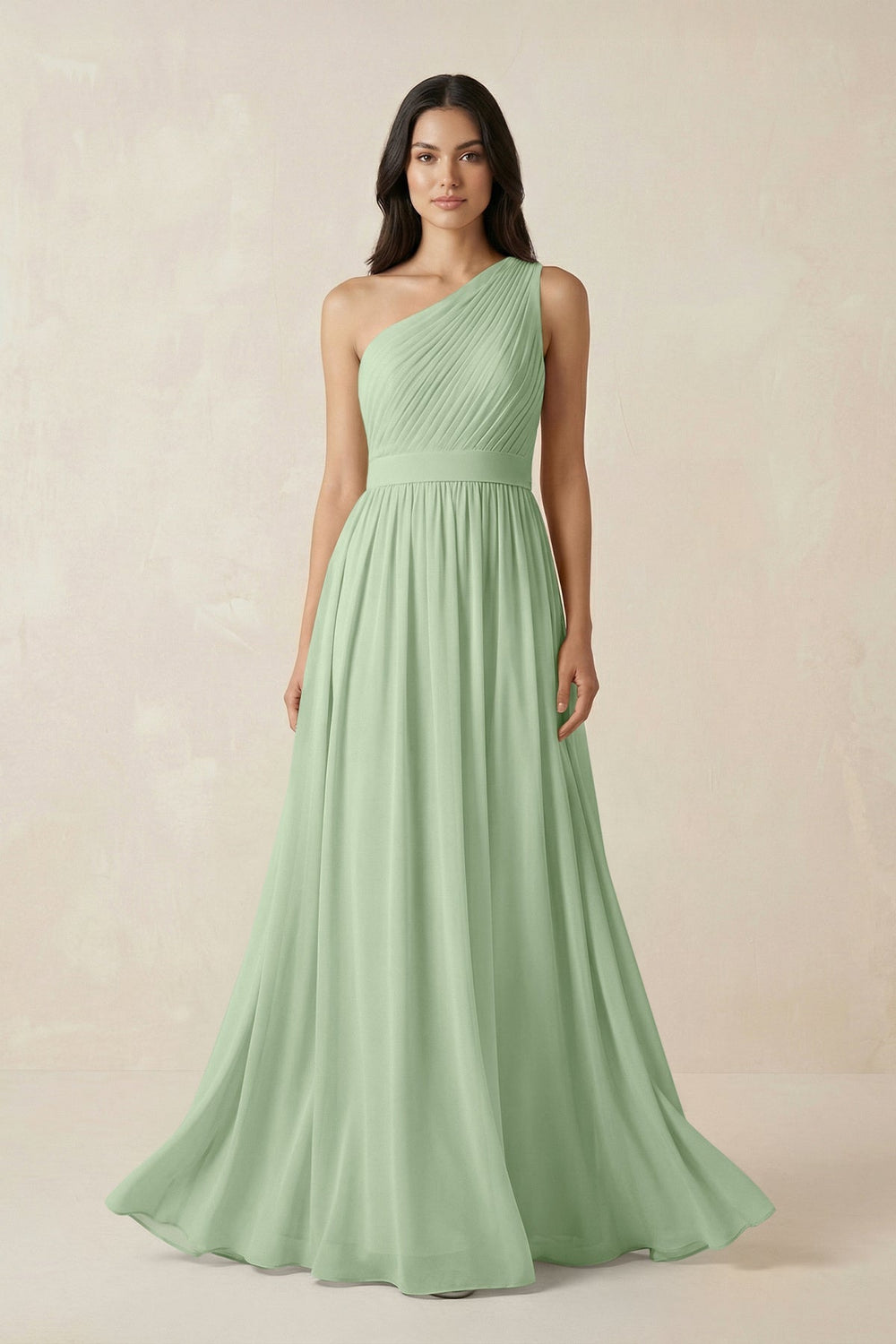 One - Shoulder Pleated Chiffon Bridesmaid Gown in Sage - SHE IS ME Bridesmaid Dresses