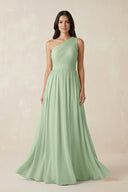 One - Shoulder Pleated Chiffon Bridesmaid Gown in Sage - SHE IS ME Bridesmaid Dresses