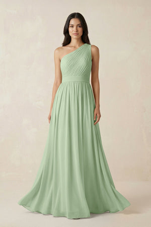 One - Shoulder Pleated Chiffon Bridesmaid Gown in Sage - SHE IS ME Bridesmaid Dresses