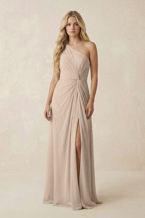 One - Shoulder Ruched A - Line Chiffon Bridesmaid Dress in Almond - SHE IS ME Bridesmaid Dresses