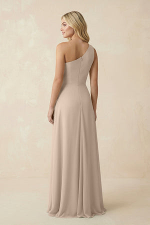 One - Shoulder Ruched A - Line Chiffon Bridesmaid Dress in Almond - SHE IS ME Bridesmaid Dresses